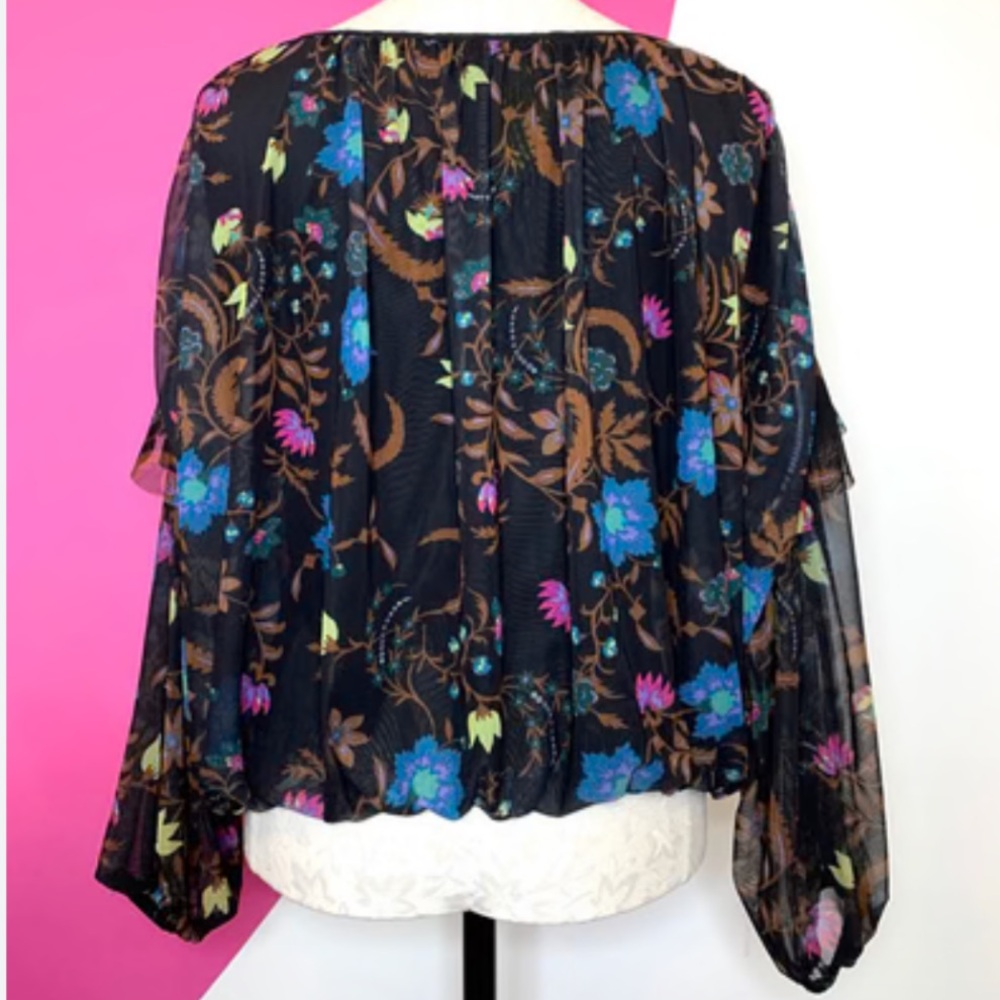 Free People Womens Blouse‎ Shirt Wild Flower Black Combo Floral Mesh B2 - Picture 6 of 7